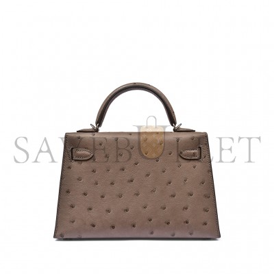 HERMÈS MASTER GRIS TOURTERELLE OSTRICH MINI KELLY II  PALLADIUM HARDWARE (19*12*5.5cm) 